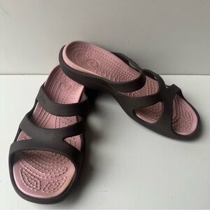 Crocs Meleen Twist Sandals Women’s Size 7 Black Pink Strappy Comfort Slides